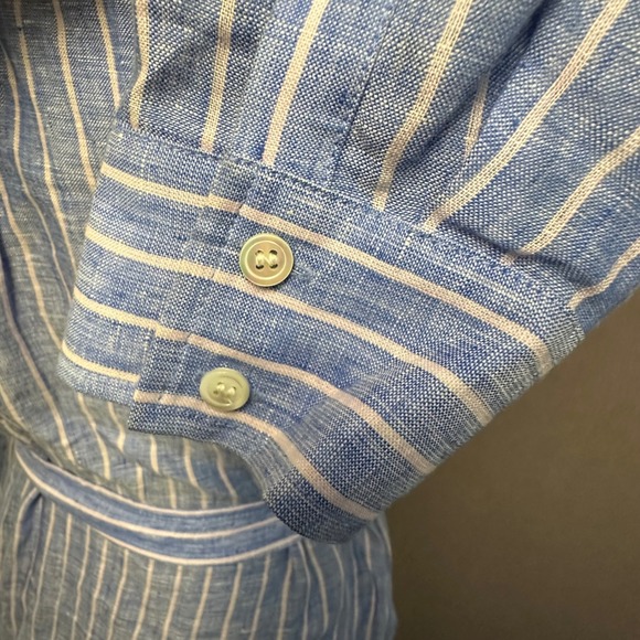 Ann Taylor Linen Striped Shirt Dress Medium Blue White Belted Coastal Preppy - Picture 7 of 11
